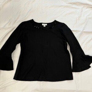 JJill 3/4 Sleeve w/Jeweled Neckline Top, Black, XS Petite